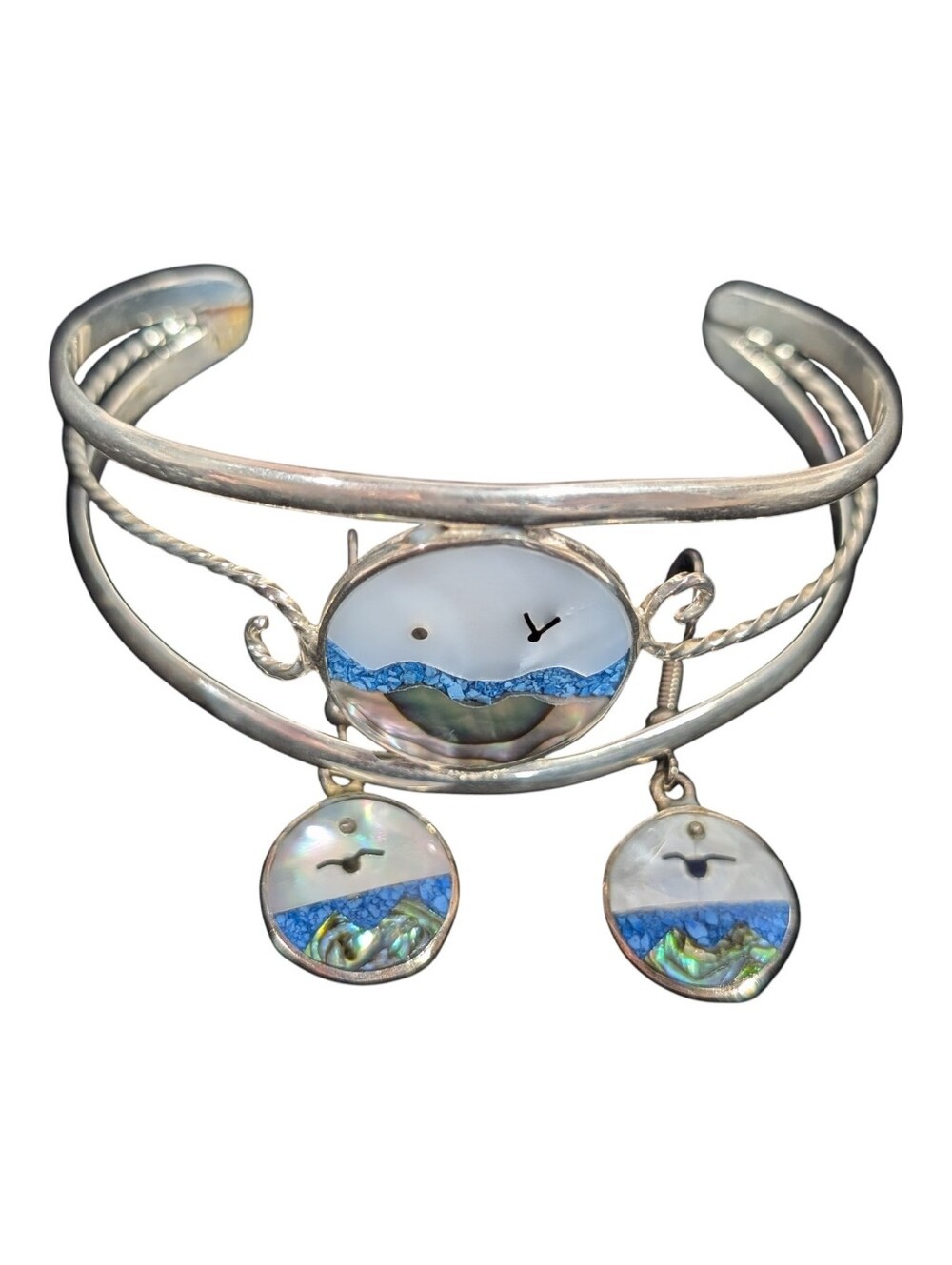 Alpaca Silver Cuff Bracelet Earring Set Ocean Beach Inlay MOP Abalone Turquoise